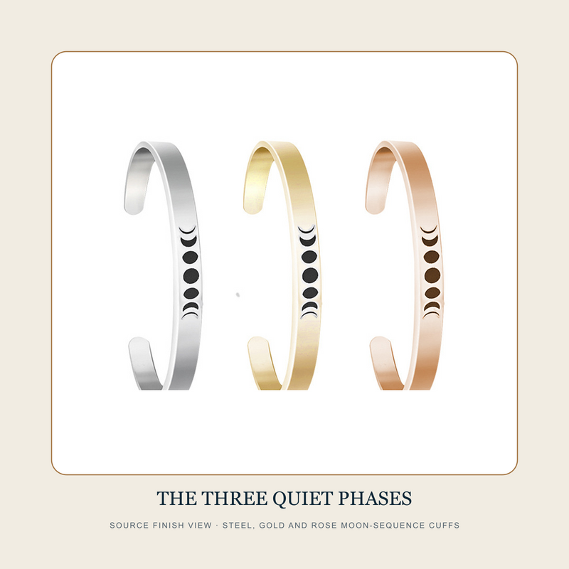 Source finish view of The Three Quiet Phases moon-sequence open cuffs in Steel, Gold and Rose appearances