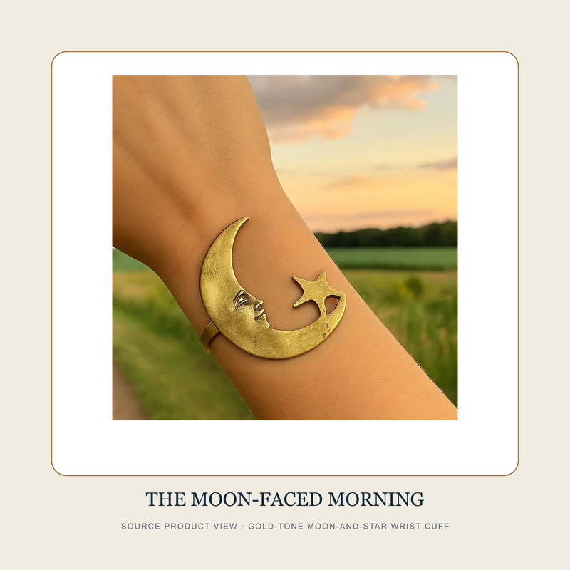 Source product view of The Moon-Faced Morning gold-tone crescent face and star statement wrist cuff