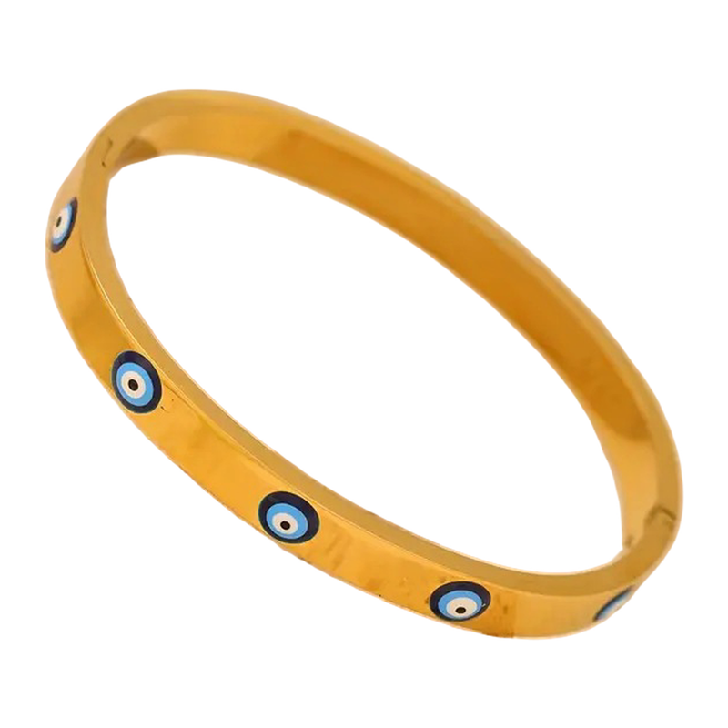Angled view of The Wristward gold-tone hinged eye-motif bangle