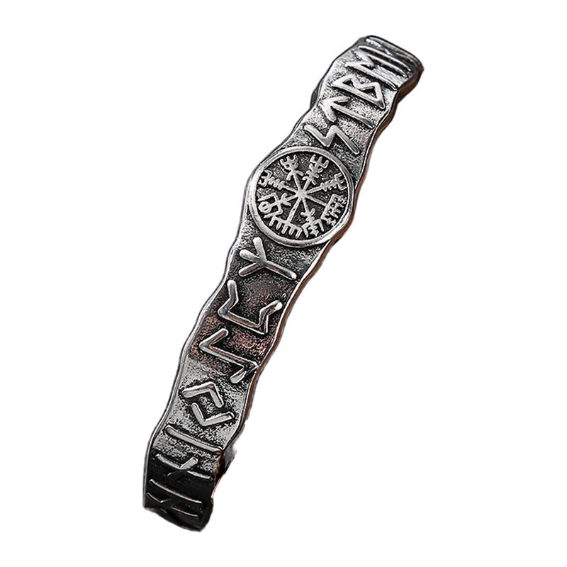 Upright view of The Truenorth silver-tone compass-style open cuff