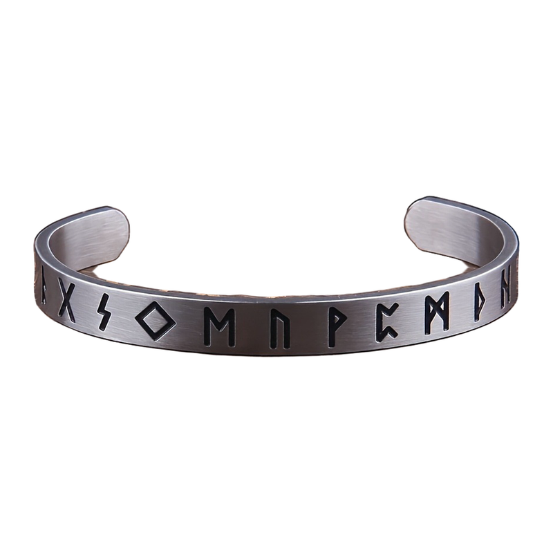Front view of The Runewrit brushed silver-tone engraved open cuff