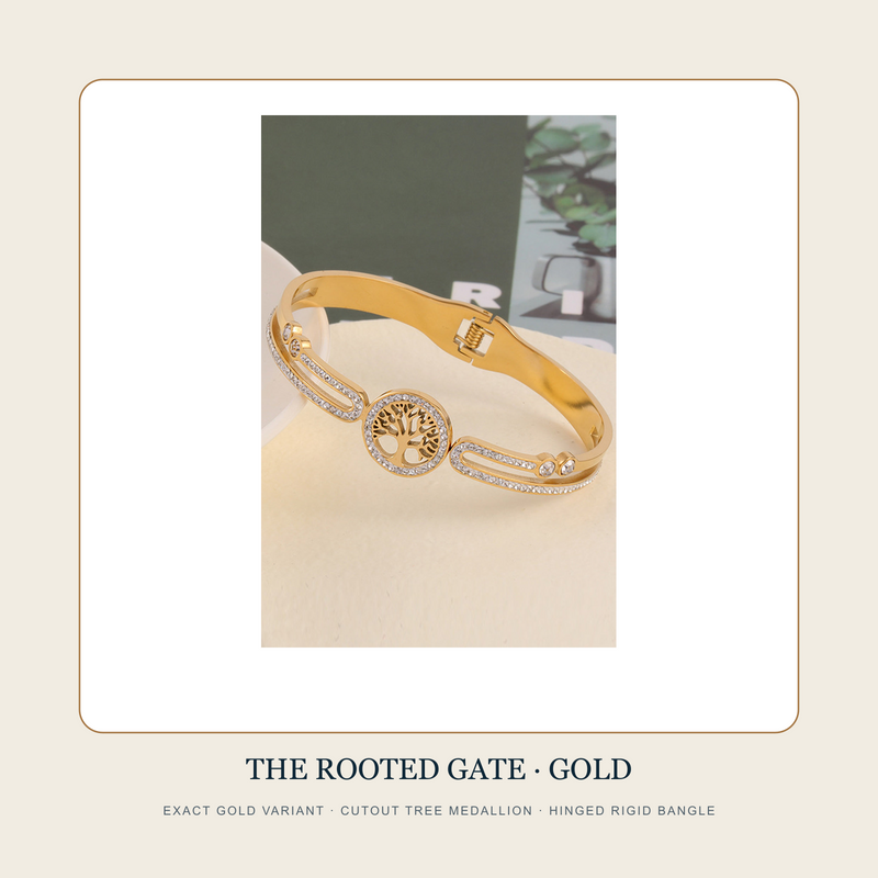 The Rooted Gate exact Gold tree-motif hinged bangle with clear accent border