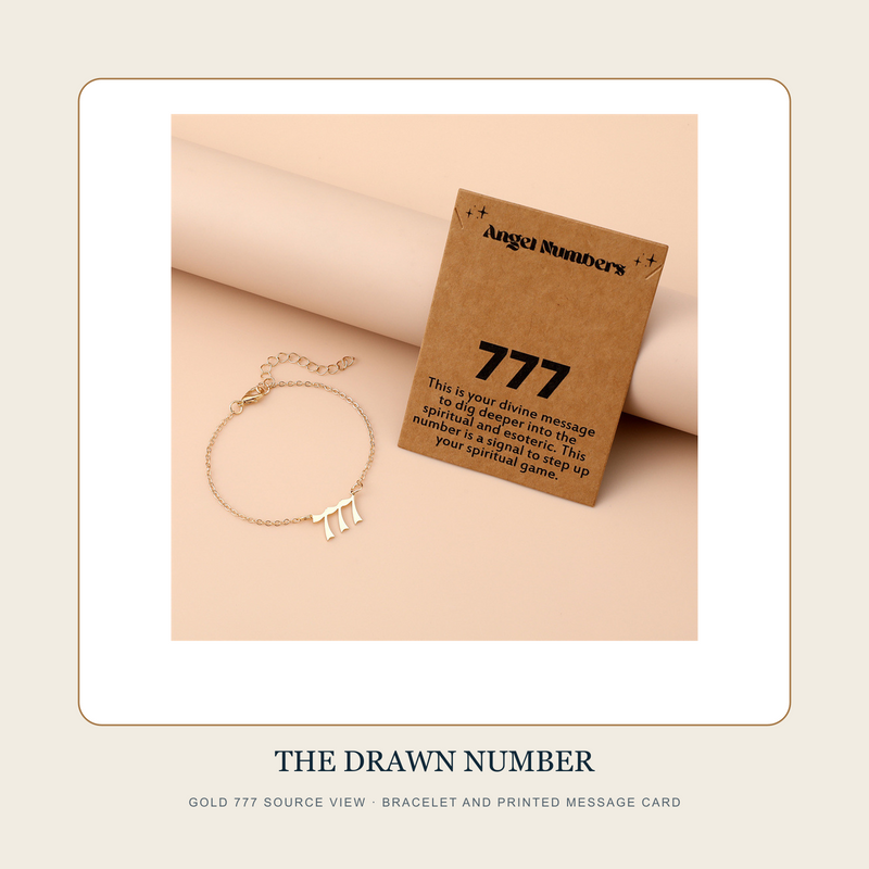 Gold 777 source view of The Drawn Number chain bracelet beside its photographed printed card
