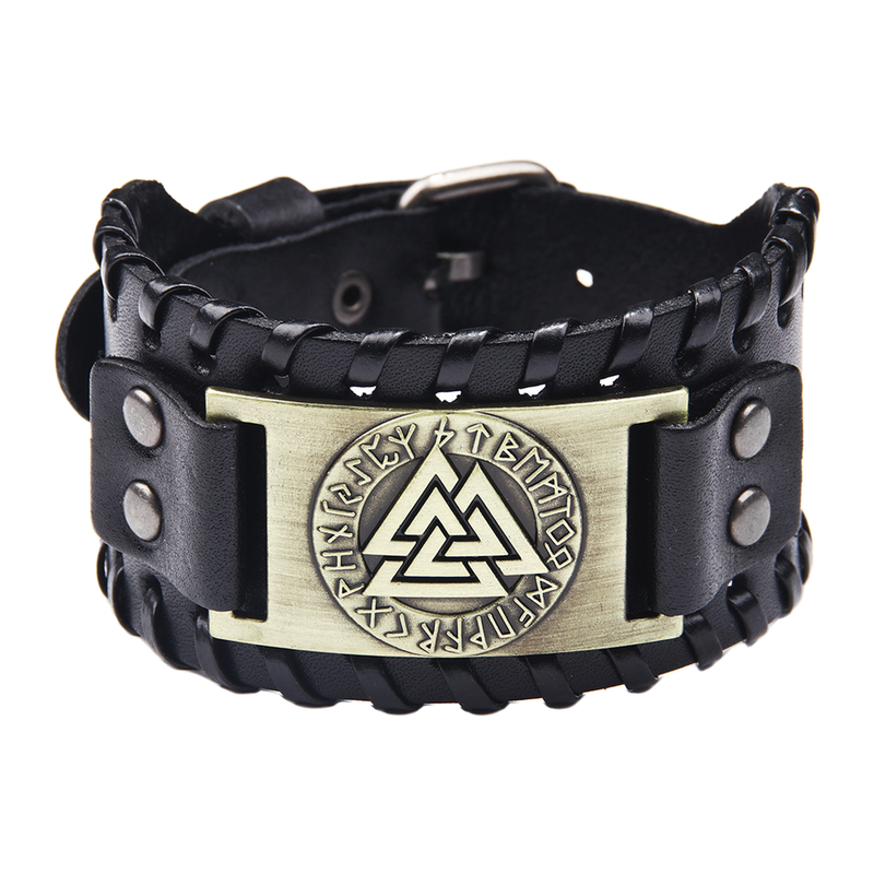Close front view of The Runemark wide cuff with interlocked triple-triangle motif and rune-style marks