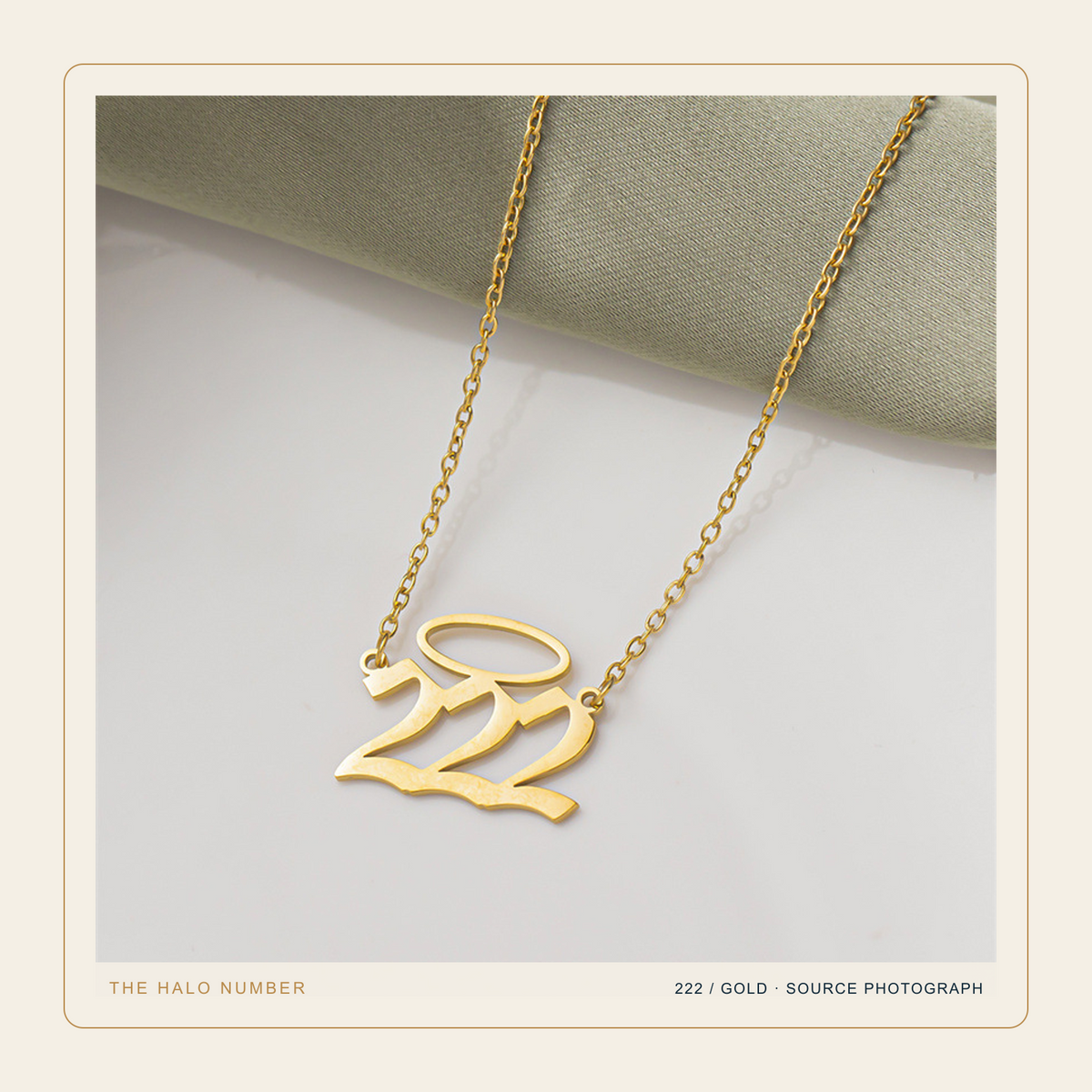 Gold 222 Halo Number necklace in an individual source photograph with full safe margins