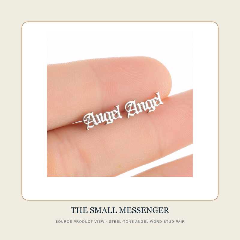 Source product view of The Small Messenger steel-tone ANGEL word stud earring pair