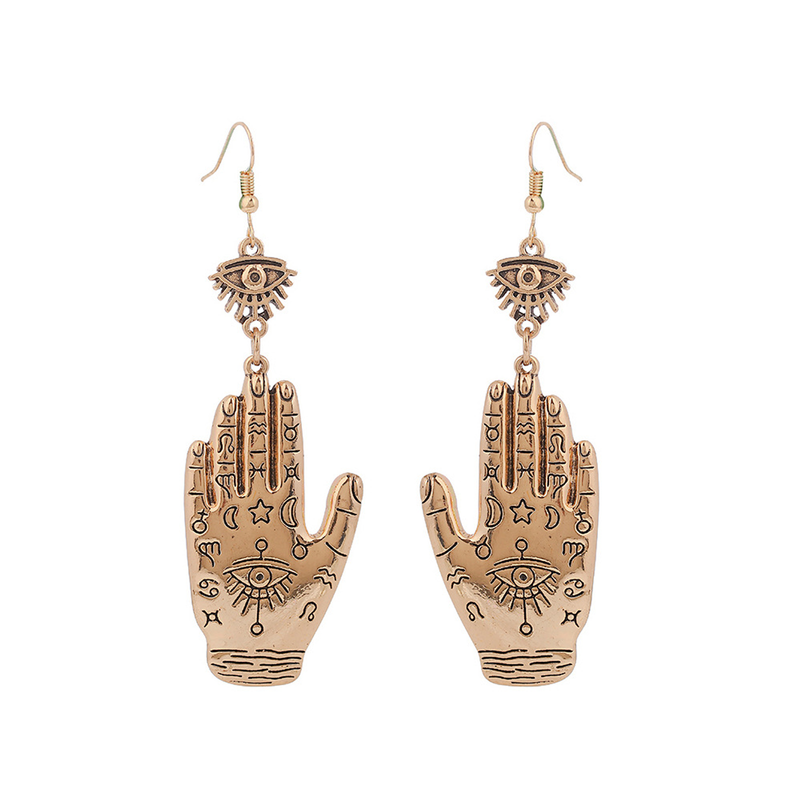 Matching pair of The Twin Wards antique-gold palm-and-eye drop earrings
