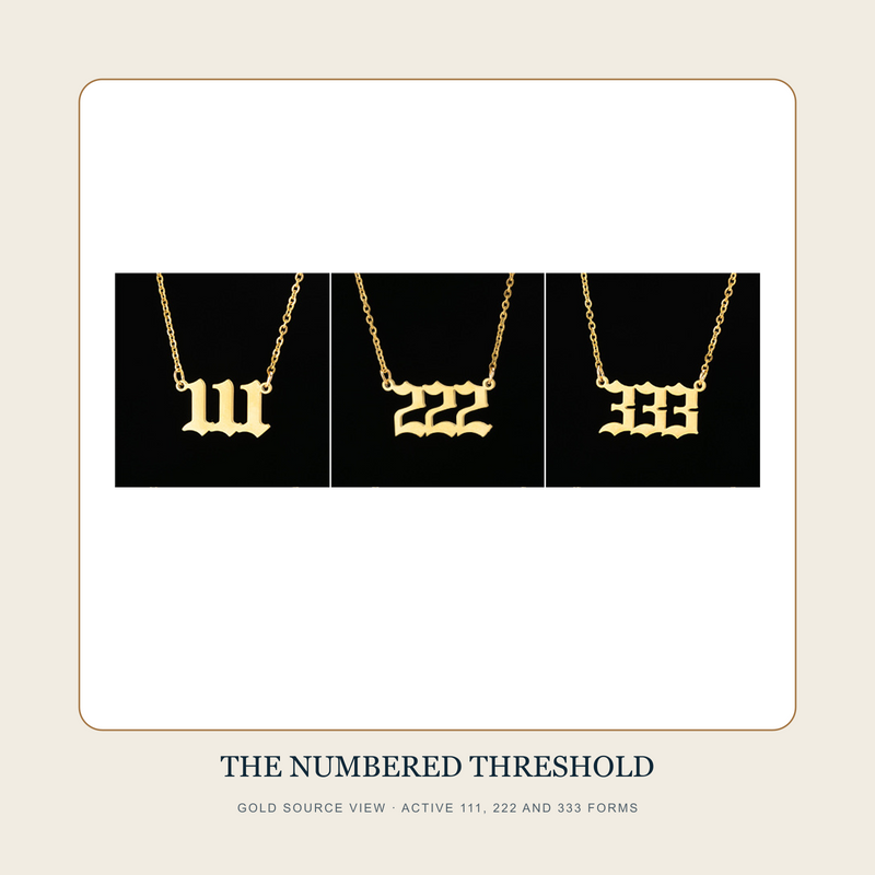 Gold source view of The Numbered Threshold active 111, 222 and 333 repeating-digit necklaces