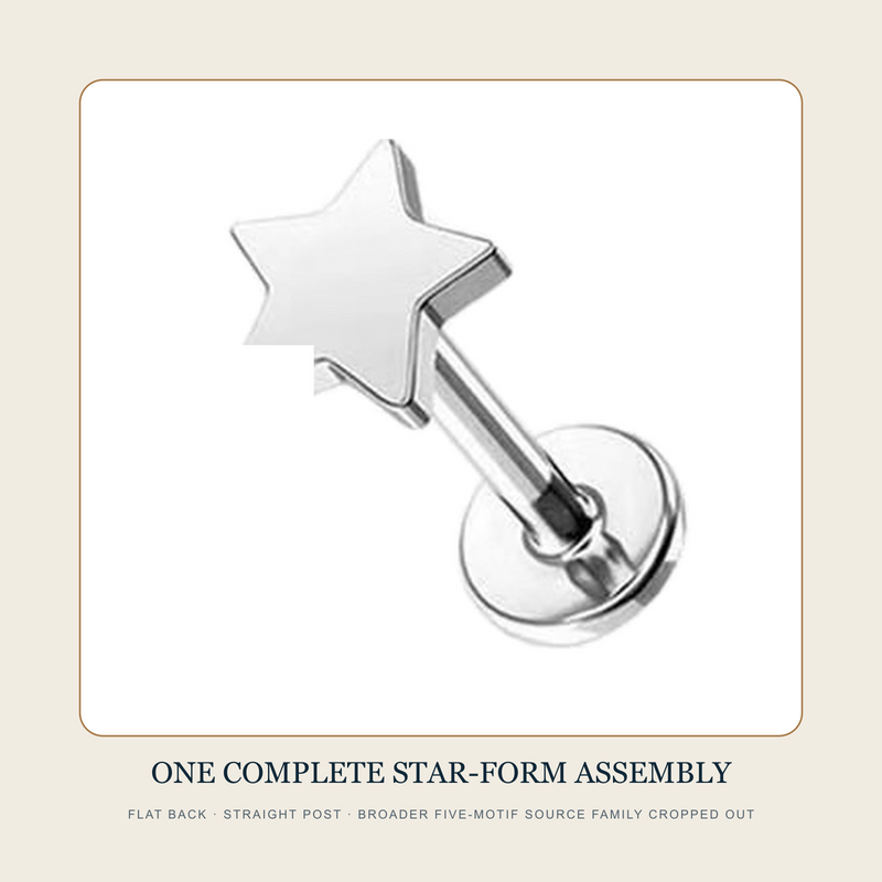 One complete steel-tone star-form flat-back stud source assembly cropped from a broader five-motif lineup