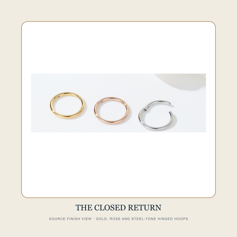 Source finish view of The Closed Return hinged segment hoops in Gold, Rose Gold and Steel appearances