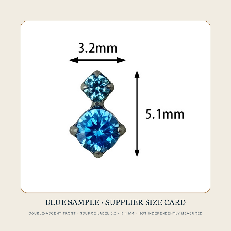 Blue double-accent top on a supplier size card labeled 3.2 millimeters wide and 5.1 millimeters high