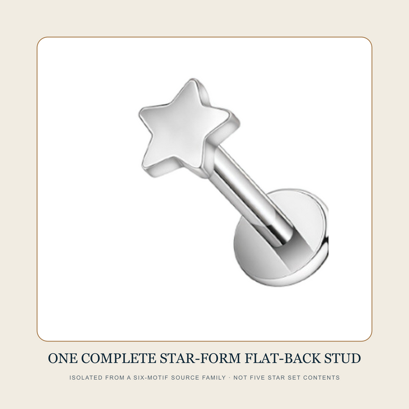 One complete steel-tone star-form flat-back stud source assembly isolated from a six-motif lineup