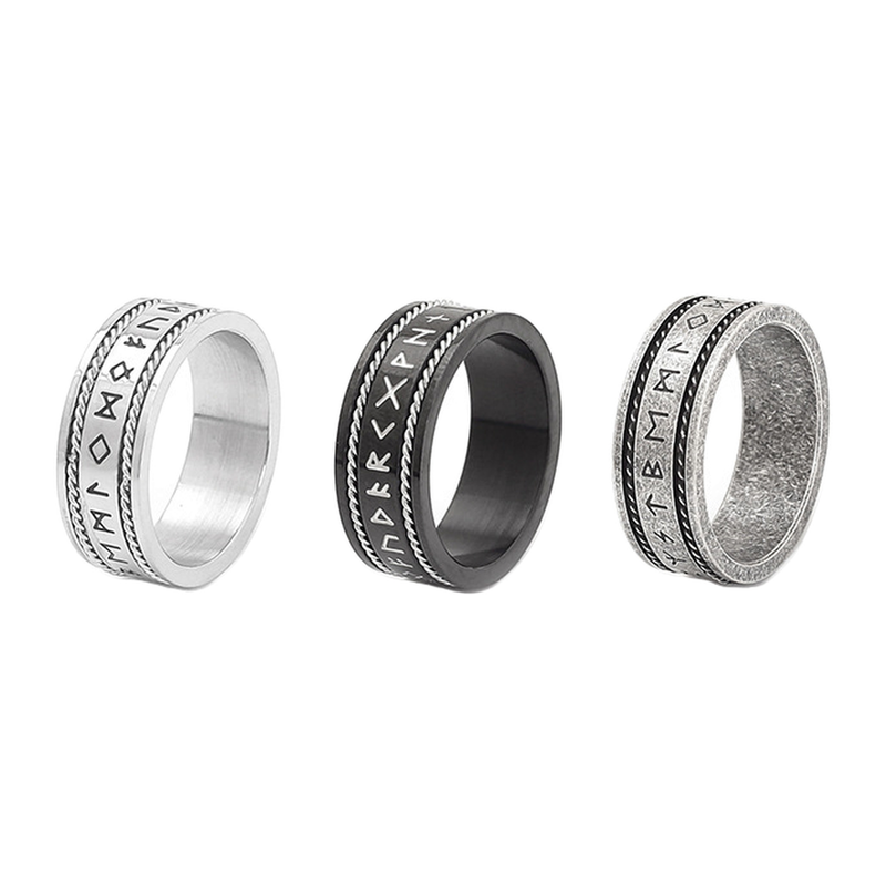 The Runewire wide ring in steel, black and antique-silver finishes