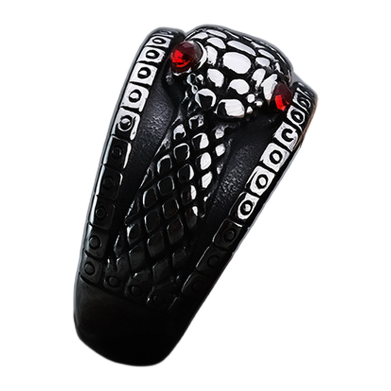 Front view of The World Serpent sculpted serpent ring with red decorative eyes