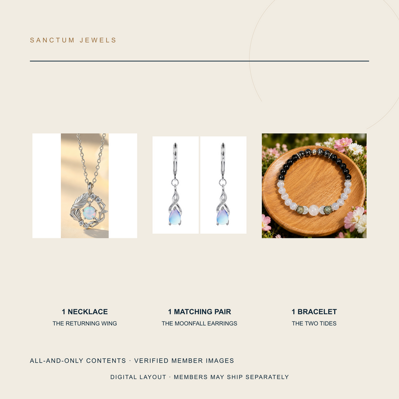 Digital all-and-only contents layout showing one necklace, one matching earring pair and one bracelet in The Moonwater Set