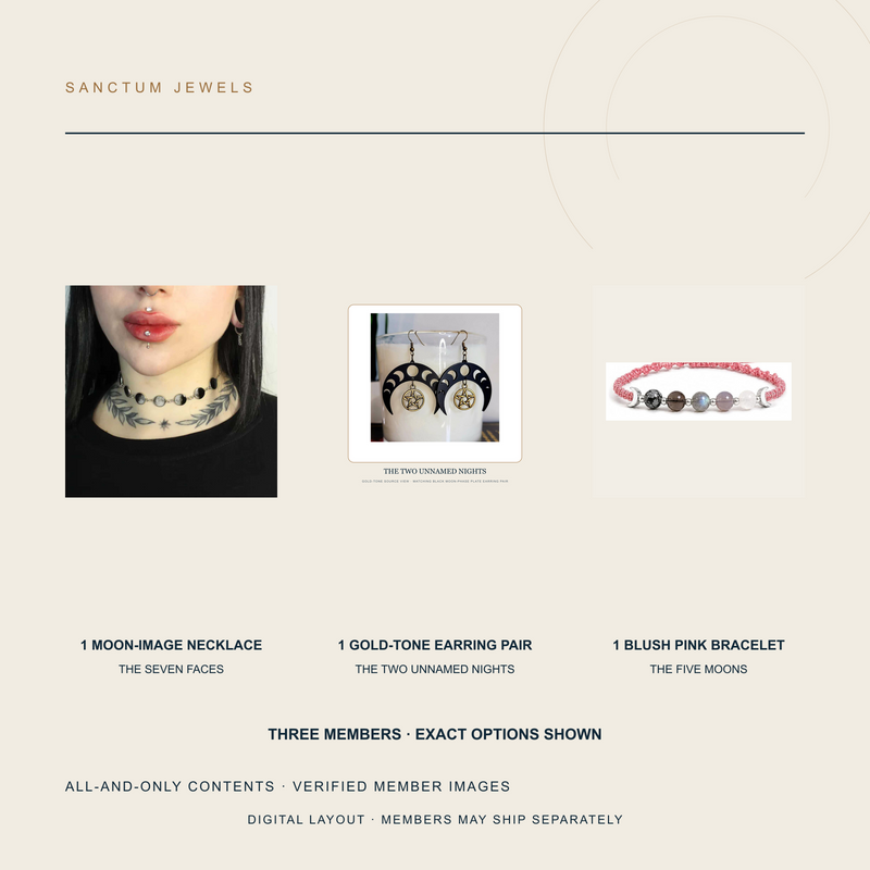 Digital all-and-only contents layout showing the three exact jewelry members in The Calendar Without Dates set