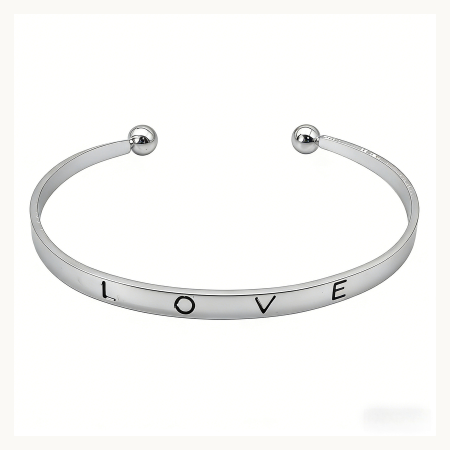 Front view of The Loveband Steel open cuff with rounded ball ends