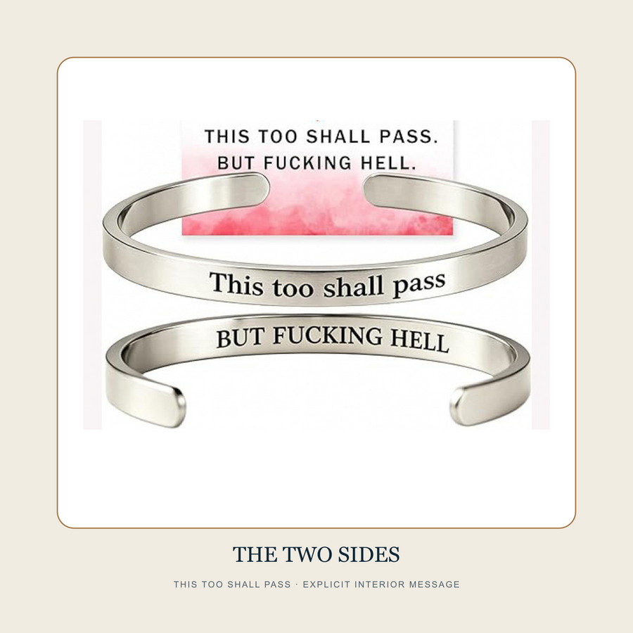 Detail view of the exterior and explicit interior fixed messages on The Passing Hour cuff