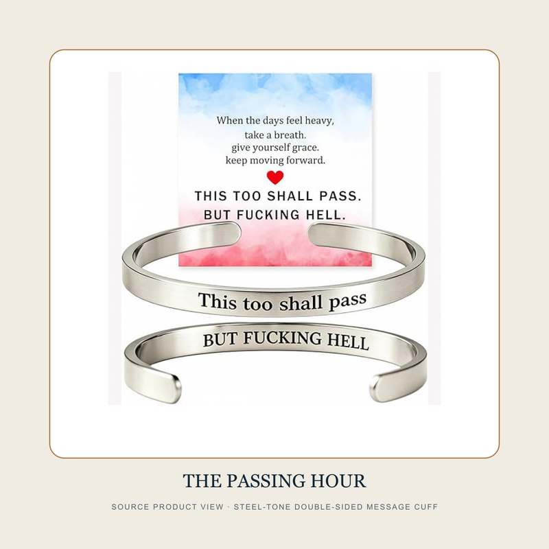 Source product view of The Passing Hour steel-tone double-sided engraved open cuff