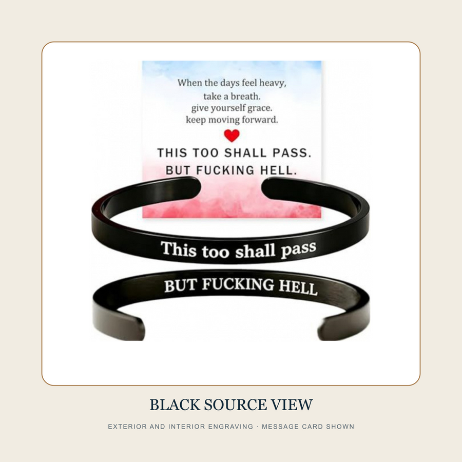 Source product view of The Passing Hour black double-sided engraved open cuff and message card