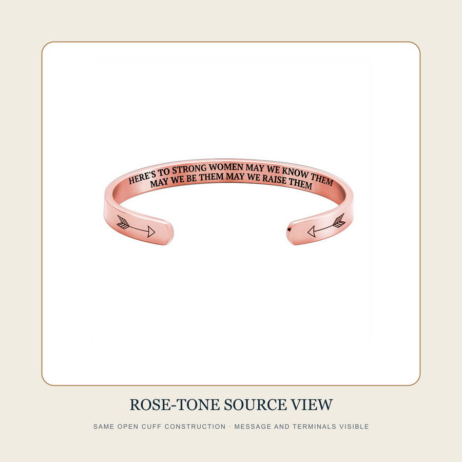 Source product view of The Raised Line rose-tone arrow-end engraved message open cuff