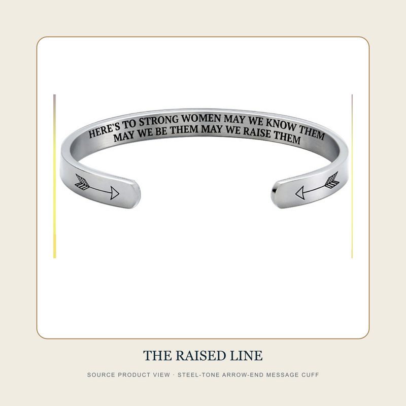 Source product view of The Raised Line steel-tone arrow-end engraved message open cuff