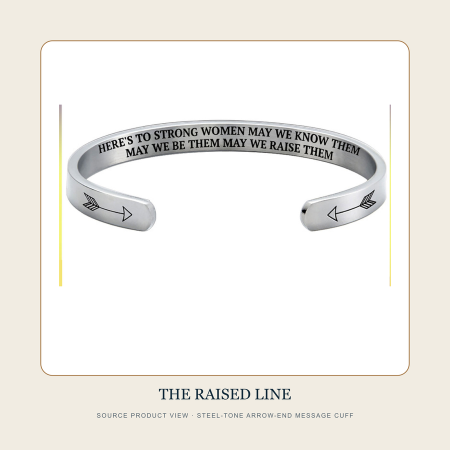 Source product view of The Raised Line steel-tone arrow-end engraved message open cuff