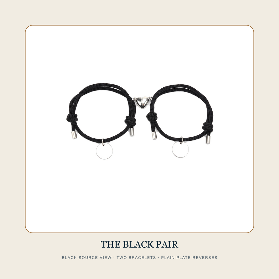 Black source view of Two Names Below One Sky paired cord bracelets with plain plate reverses