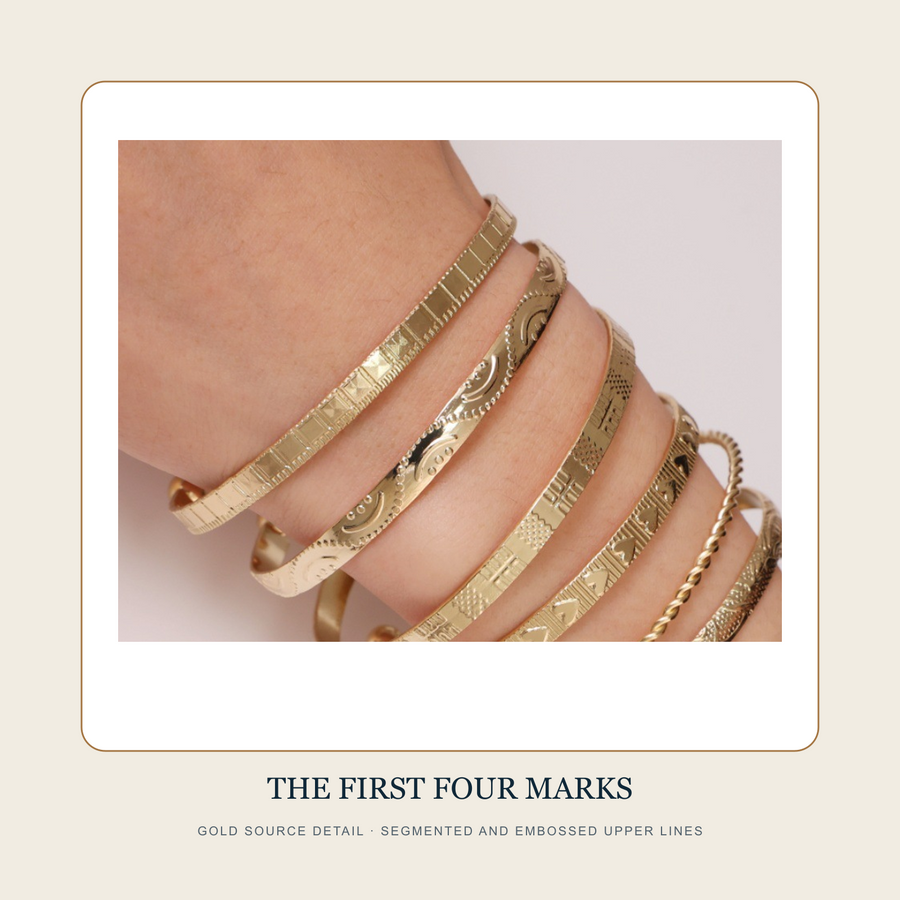 Gold source detail of the upper segmented and embossed bangles in The Seven Remembered Lines set