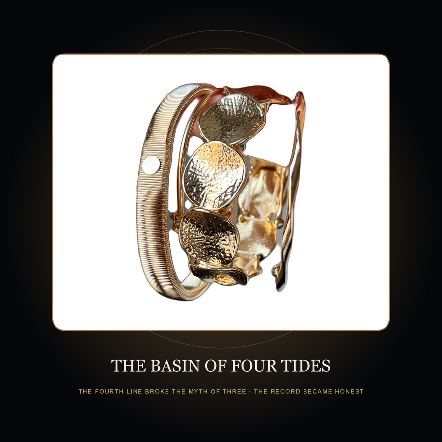The gold-tone mixed bracelet family in the fictional Basin of Four Tides story scene