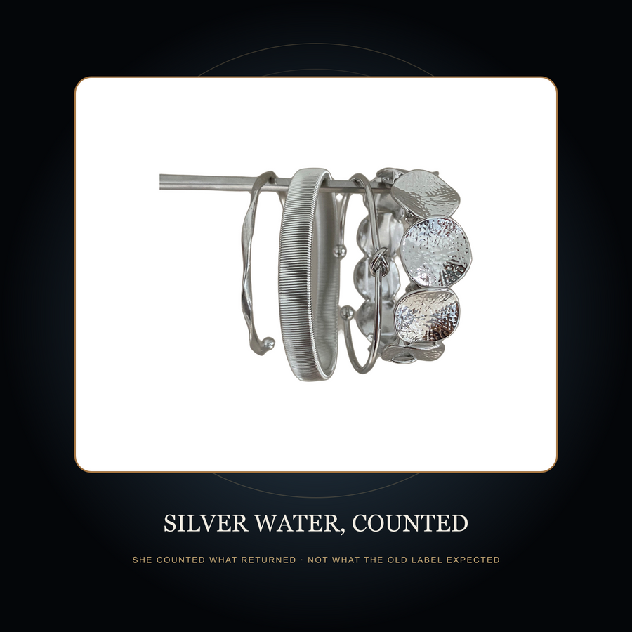 The silver-tone mixed bracelet family in the fictional Silver Water Counted story scene