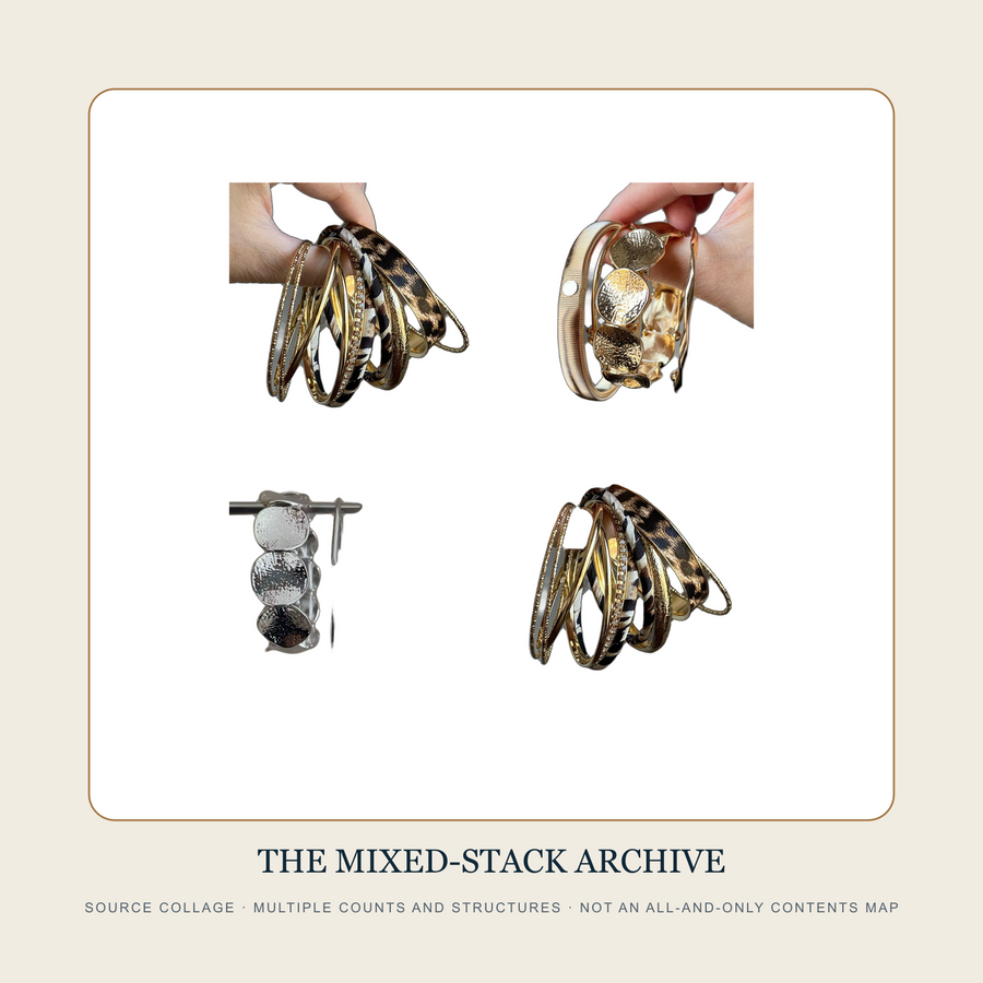 Source collage showing multiple bracelet-stack counts and structures rather than a fixed three-piece set
