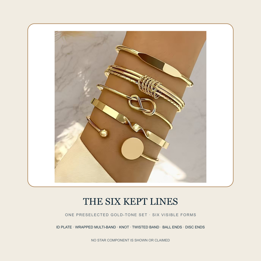 English all-and-only contents guide for the six visible forms in The Six Kept Lines bangle set