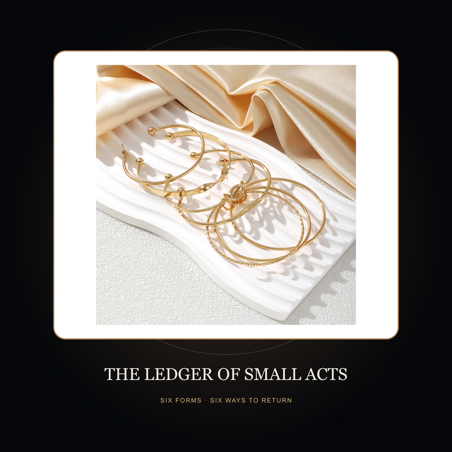 The Six Kept Lines bangles in the fictional Ledger of Small Acts story scene
