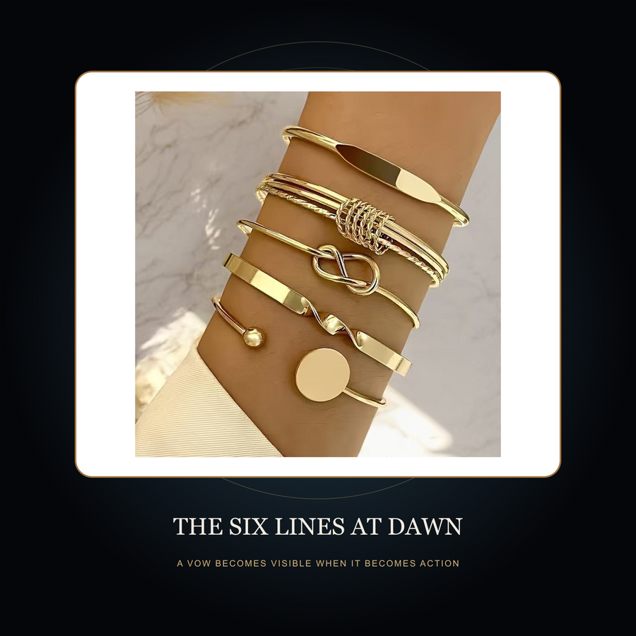 The Six Kept Lines gold-tone bangle set in the fictional Night Archive story scene