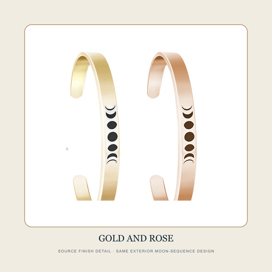 Source finish detail of The Three Quiet Phases gold-tone and rose-tone moon-sequence open cuffs