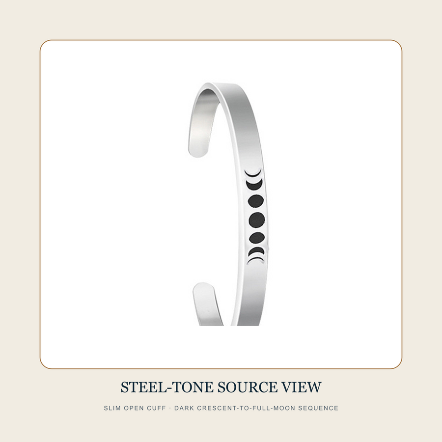 Source product view of The Three Quiet Phases steel-tone slim open cuff with dark moon-sequence marks