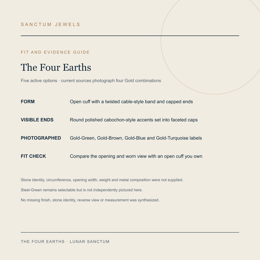 The Four Earths open cuff fit and available evidence guide in English
