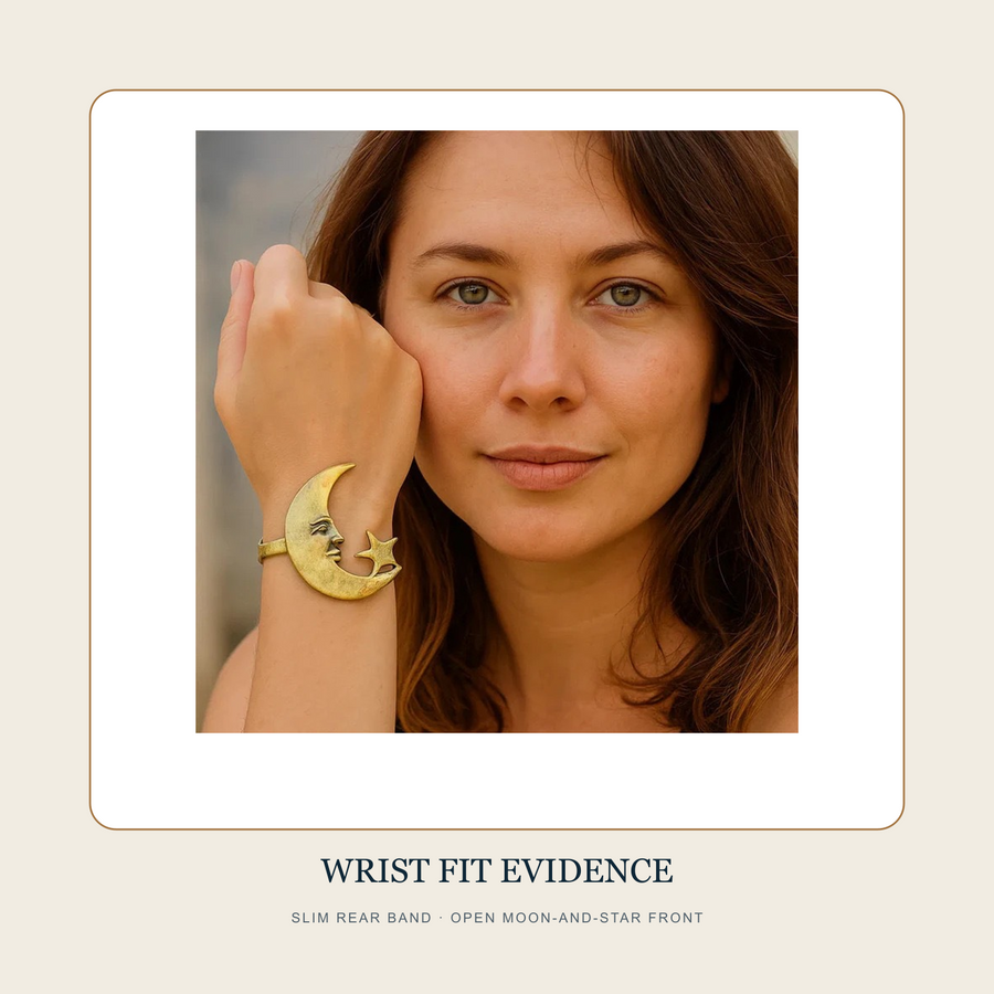 Wrist fit source view showing the broad crescent face, small star and slim rear band of The Moon-Faced Morning cuff