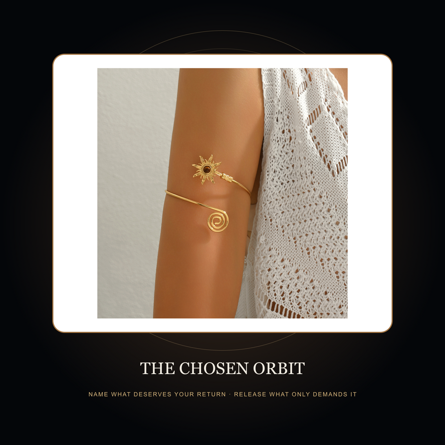 The Turning Sun arm cuff in the fictional Chosen Orbit threshold story scene