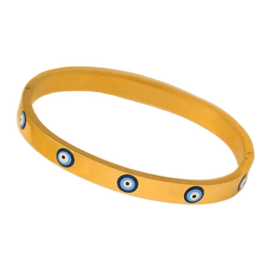 Front view of The Wristward polished closed bangle and repeating eye motifs