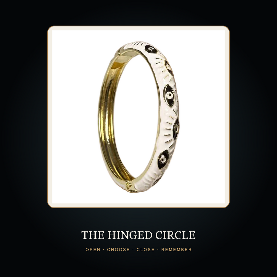 The Enamel Eye closed bangle in the fictional Hinged Circle story scene