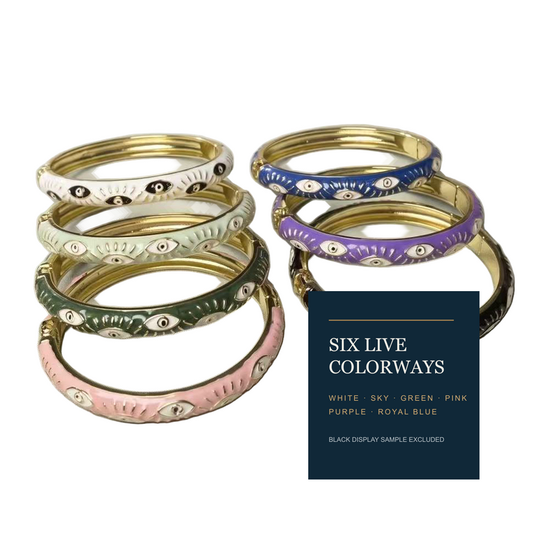 The Enamel Eye gold-tone hinged bangle in all six live enamel colorways