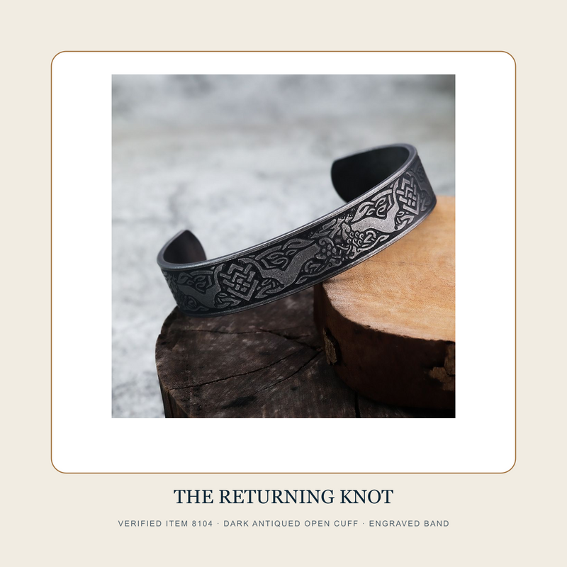 Verified item 8104 The Returning Knot dark antiqued engraved open cuff