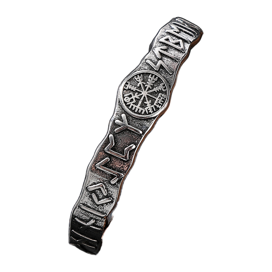 Upright view of The Truenorth silver-tone compass-style open cuff