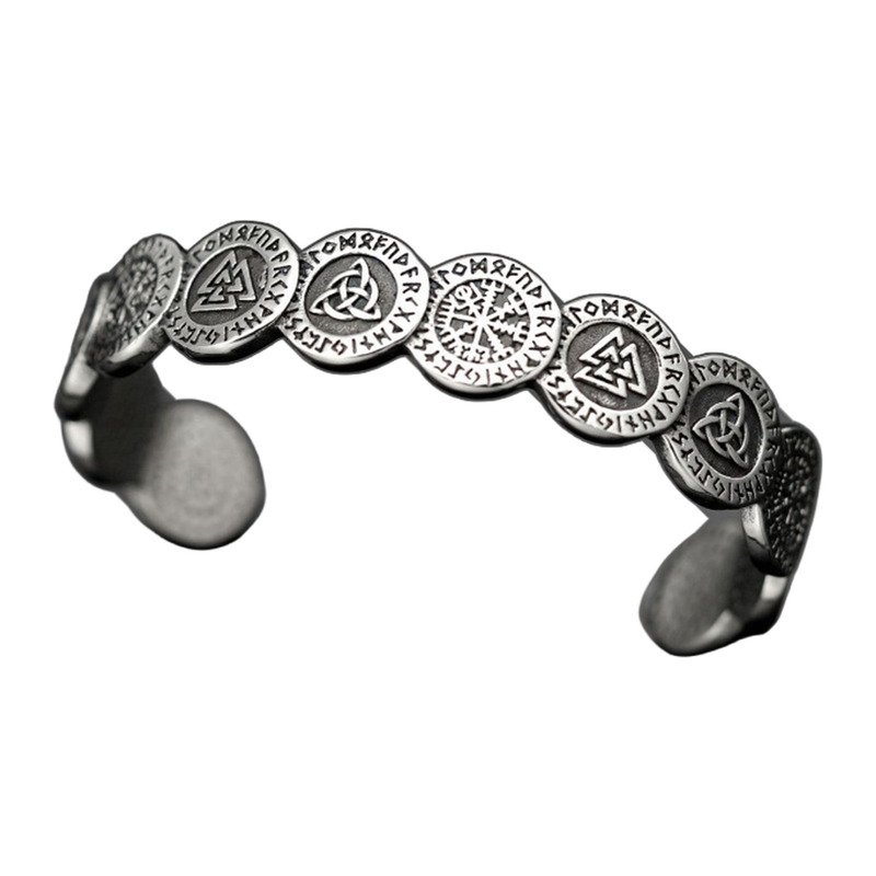 Front view of The Oathband seven-panel motif open cuff