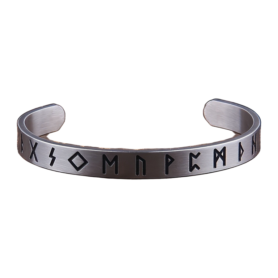 Front view of The Runewrit brushed silver-tone engraved open cuff