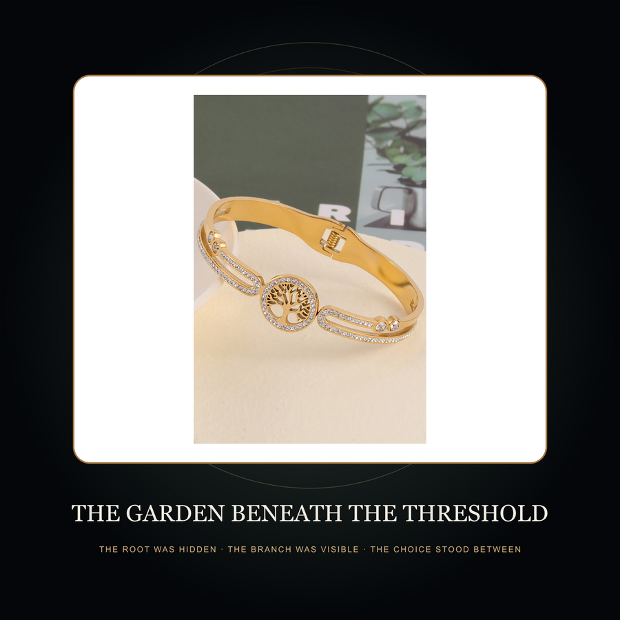 The Rooted Gate Gold bangle in the fictional Garden Beneath the Threshold story scene