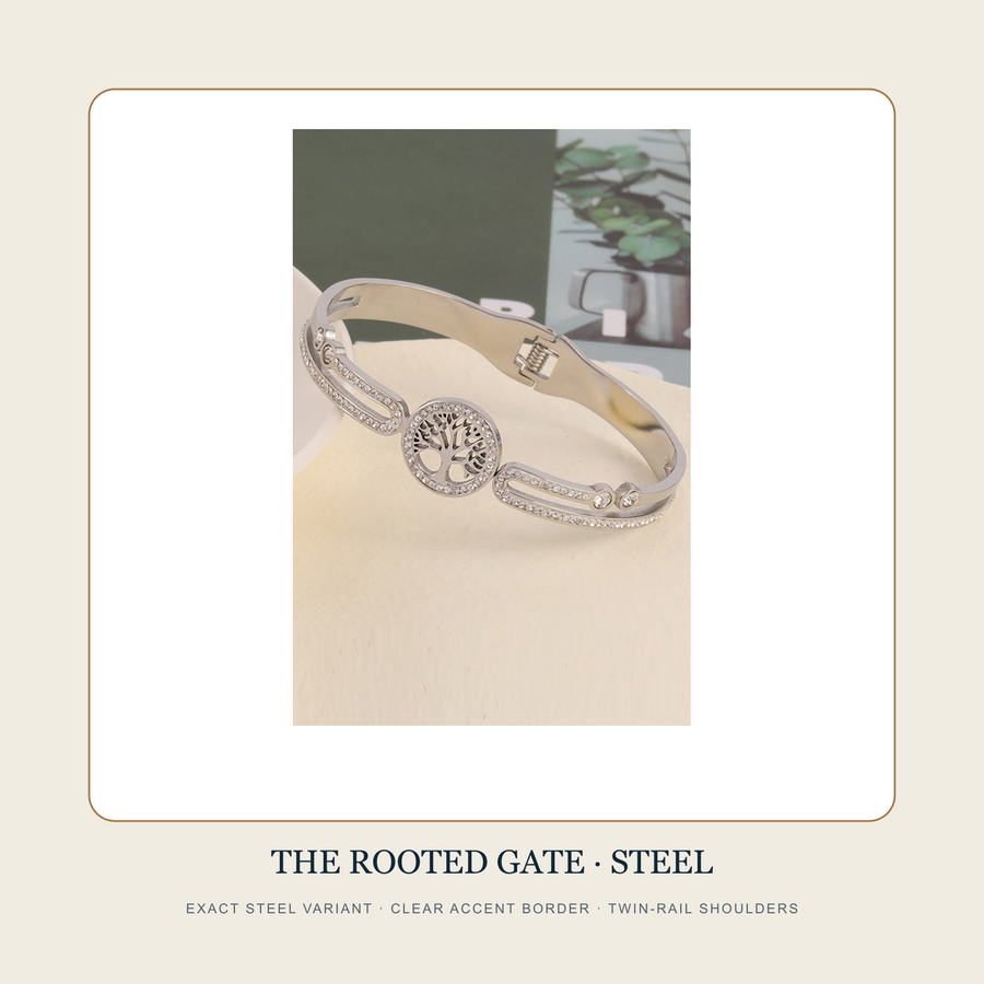 The Rooted Gate exact Steel tree-motif hinged bangle with twin-rail shoulders