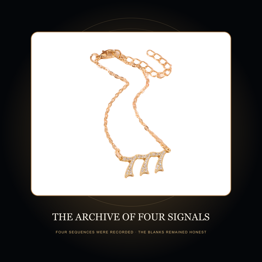 The 777 bracelet sample in the fictional Archive of Four Signals story scene